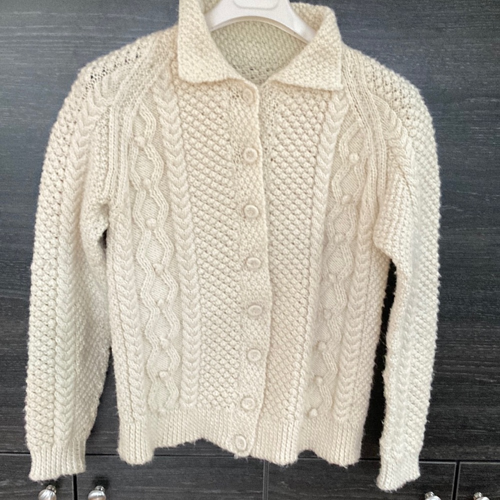 Handknit Cream Wool Classic Fisherman Style Cardigan Med